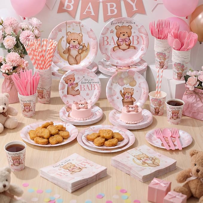 450 Pcs Pink Bear Baby Shower Tableware Set Decorations, Serves 50 | We Can - Image 6