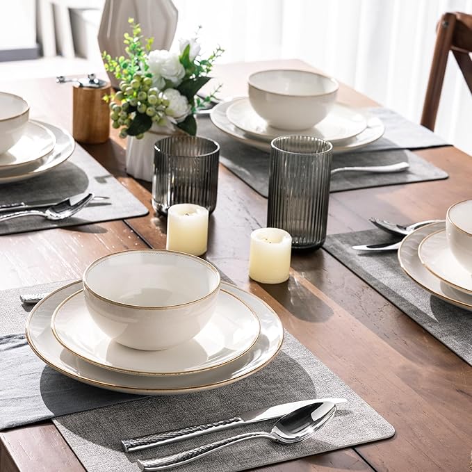 GBHOME Ceramic Dinnerware Sets for 4, 12 Pieces Stoneware Plates and Bowls Sets, Reactive Glaze Dishes -Scratch Resistant, Dishwasher&Microwave Safe,Pearl White