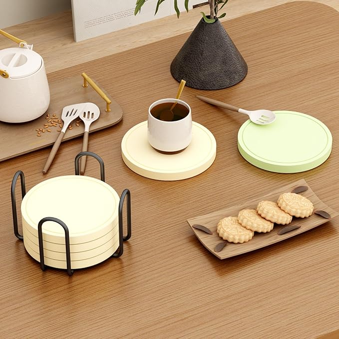 Azhou 6Pcs Drink Coaster with Holder, Lemon-Yellow Absorbent Coasters - Image 6