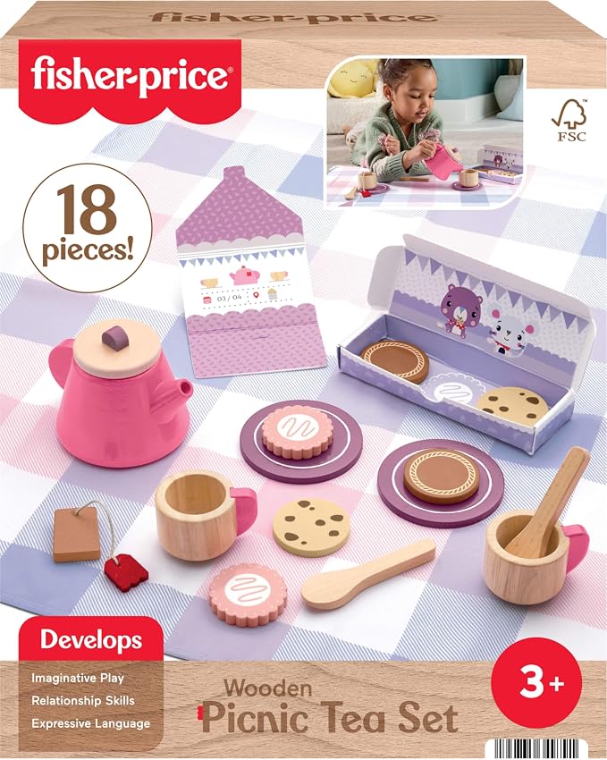 Fisher-Price Wood Pretend Play Toy Picnic Tea Set, 18-Pieces - Image 6
