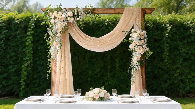 Pearl Table Runner Gauze Sheer 19FT Wedding Draping Fabric Decor | Nude Summer - Image 4