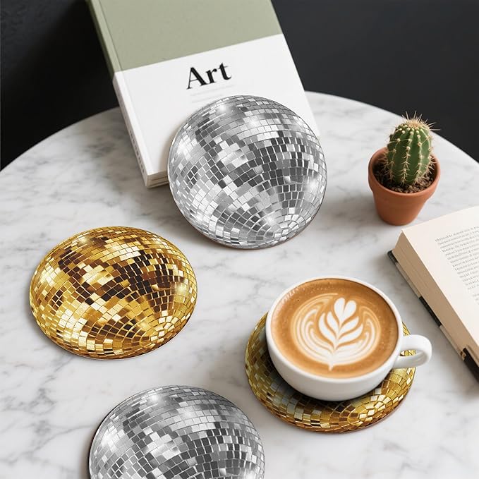 Gold Disco Ball Coasters Leather Round Drink Coasters 6 Pcs Set - Image 6