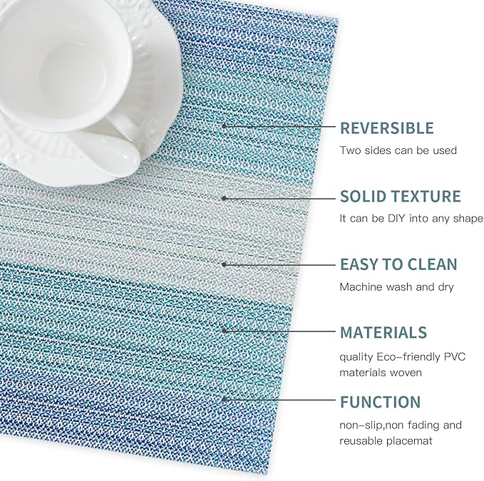 HeloHo Placemats Set of 4,Vinyl Table Place Mats Stain Resistant Foldable Placemats Washable Wipeable Placemat for Kitchen Dining Table Decoration Indoor Outdoor(Blue)