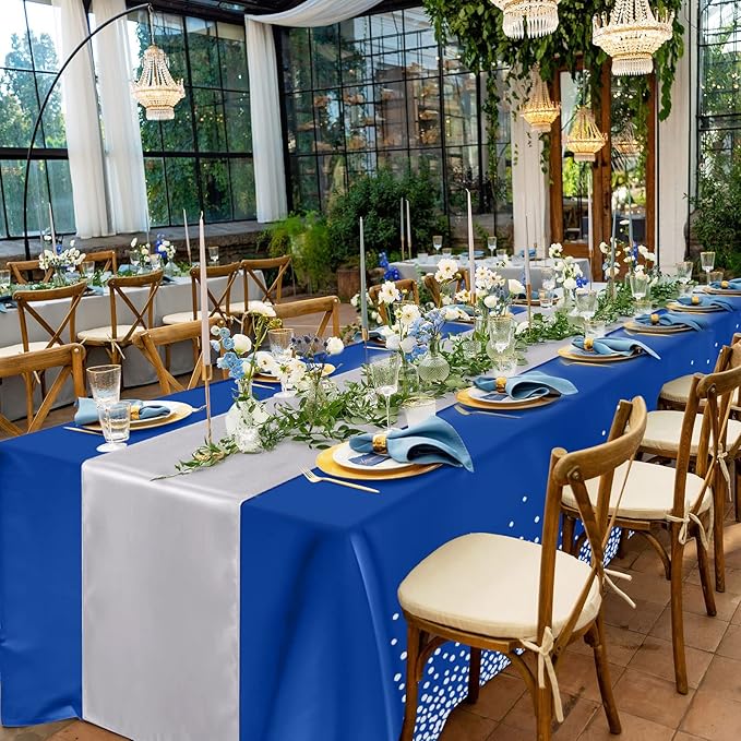 8 Pack Navy Blue and Silver Disposable Plastic Tablecloths and Satin Table - Image 7