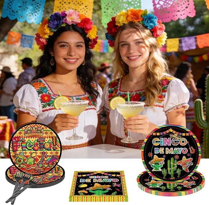 96 Pcs Cinco De Mayo Decorations, Fiesta Party Plates Napkins Forks - Image 7