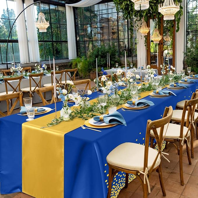 8 Pack Navy Blue and Gold Disposable Plastic Tablecloths and Satin Table Runner - Image 7