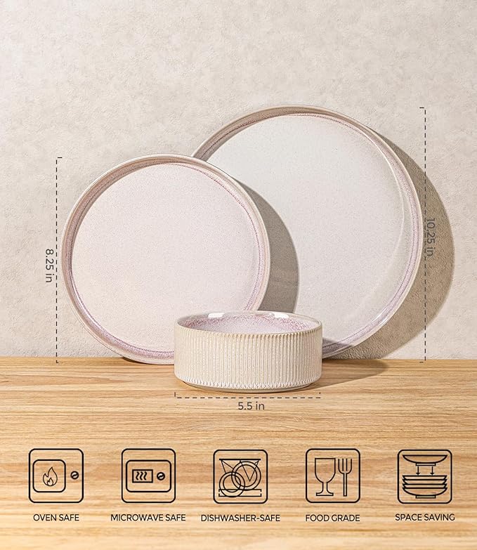 Ceramic Dinnerware Set for 8, 24-Piece Plates and Bowls Set | Lightweight - Image 7