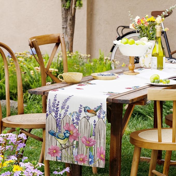 Summer Garden Floral Table Runner Rustic Birds Burlap Table Runners, Spring - Image 9