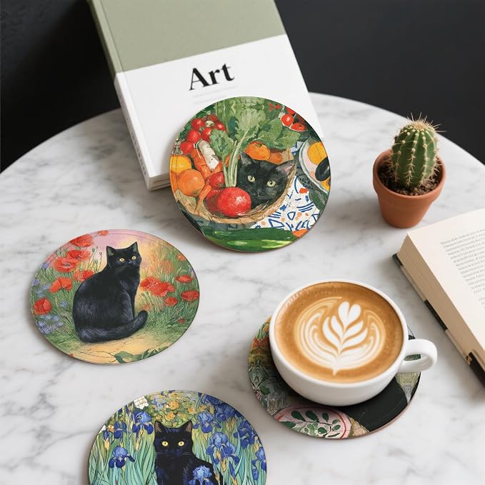 Cat Coasters Leather Round Drink Coasters 6 Pcs Set - Image 6