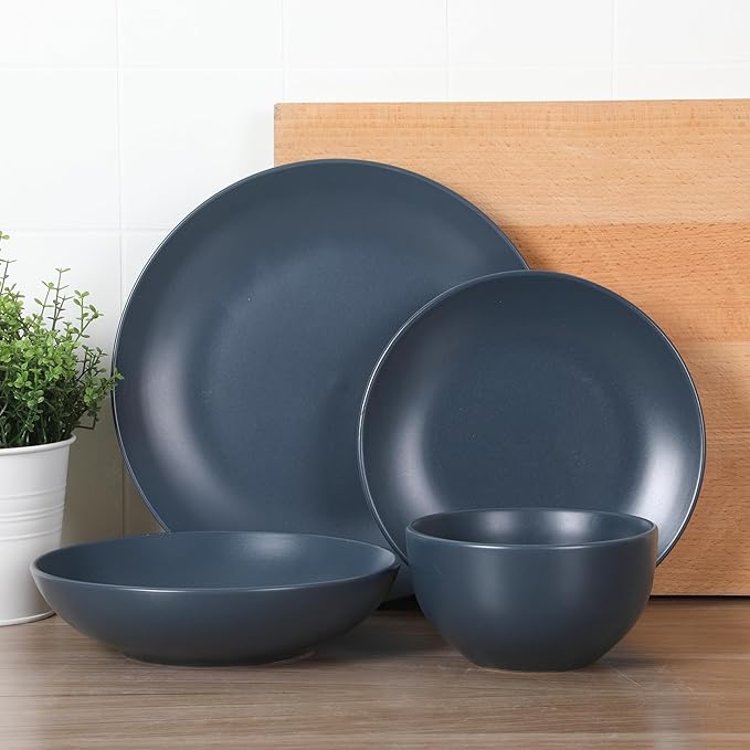 Gibson Home Queenslane 16-Piece Matte Blue Stoneware Dinnerware Set – Double - Image 6