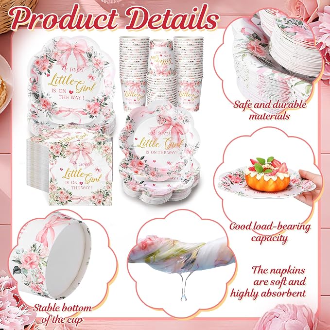 250 Pcs a Sweet Little Girl Is on The Way Baby Shower Plates Napkins | Pink Bow - Image 7