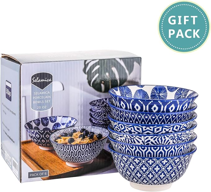 Selamica Blue and White Porcelain 20oz Cereal Bowl Set - Image 8