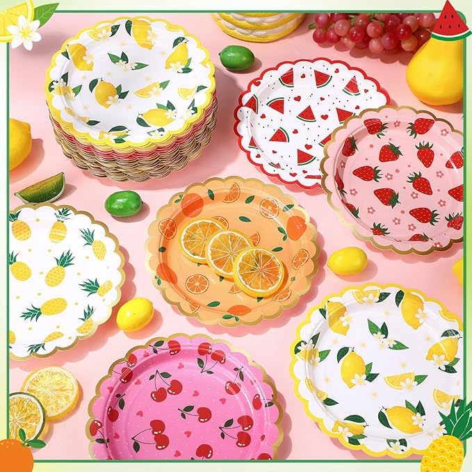 60 Pcs 7 Inch Fruit Paper Plates Tutti Fruit Birthday Party Supplies Summer Disposable Dinner Dessert Plates for Wedding Birthday Baby Shower Bridal Tea Party Supplies