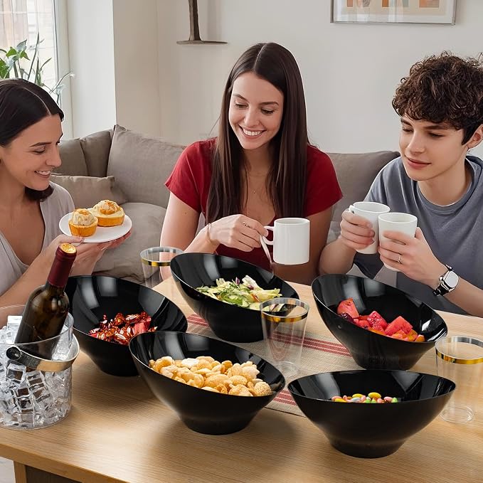 BESTVIP 54 Oz Black Plastic Angled Serving Bowls, 12 Pack | Disposable Bowls - Image 7