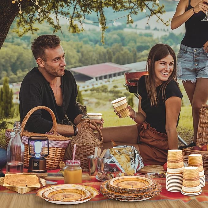 Kochorie 96 Pieces Camping Wood Grain Slice Tableware Set Rustic Wood Party - Image 7