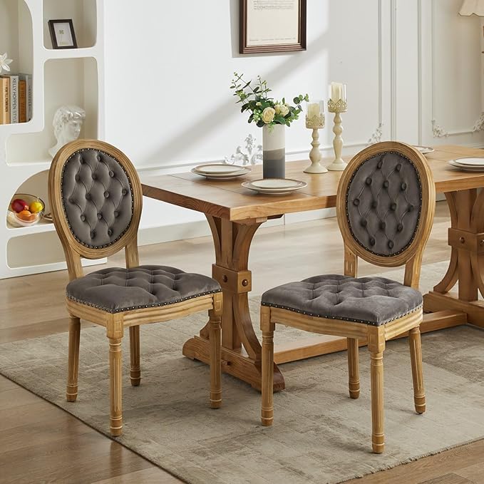 Vintage French Dining Chairs Set of 2, Round Back Velvet Upholstered Accent Chairs with Nailhead Trim and Solid Wood Frame, Elegant Sillas de Comedor for Dining Room & Kitchen, Gray