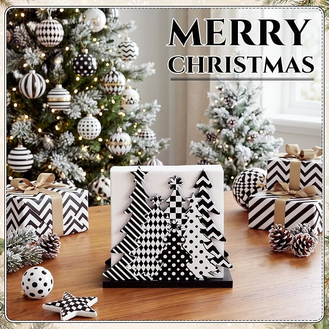 Christmas Tree Napkin Holder for Tables Black White Plaid Stripe Dots Christmas - Image 6