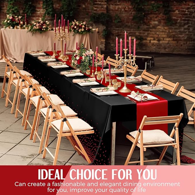 8 Pack Black and Red Disposable Plastic Tablecloths and Satin Table Runner Set - Image 7