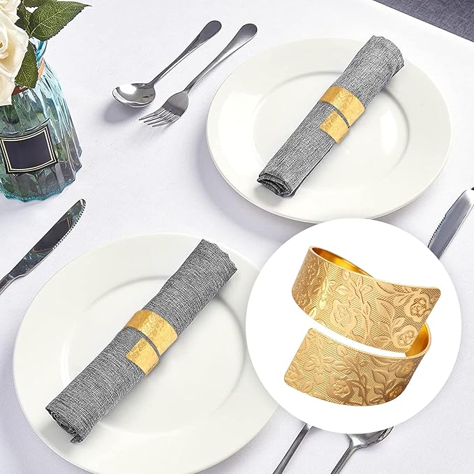 Napkin Rings Set of 12, Irregular-Shaped Metal Napkin Holders with Rose Patterns for Wedding Dining, Holiday Table Decor, Perfect for Home Chefs & Party Planners(Gold)