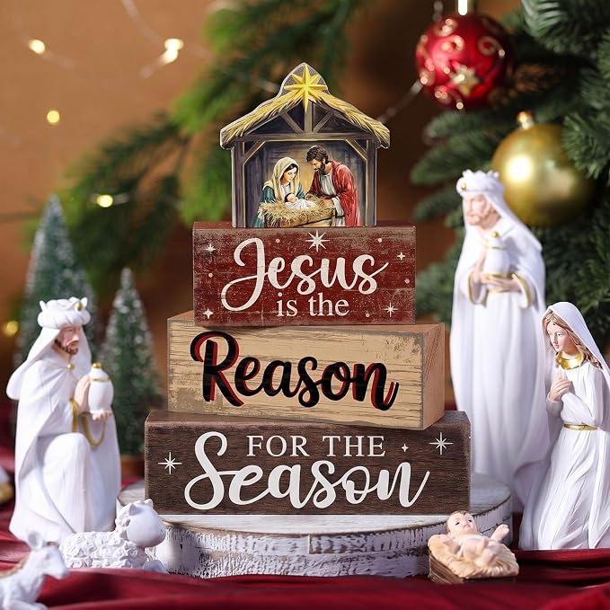Moucuny 4 Pcs Christmas Table Decoration Christian Wooden Stacked Block - Image 7