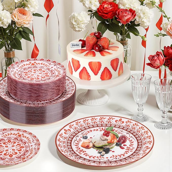 Red Plastic Plates, Floral Disposable Plates, 10.25" dinner & 7.5" dessert - Image 9