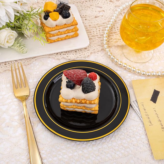 bUCLA 100PCS Black and Gold Plastic Plates - Image 9