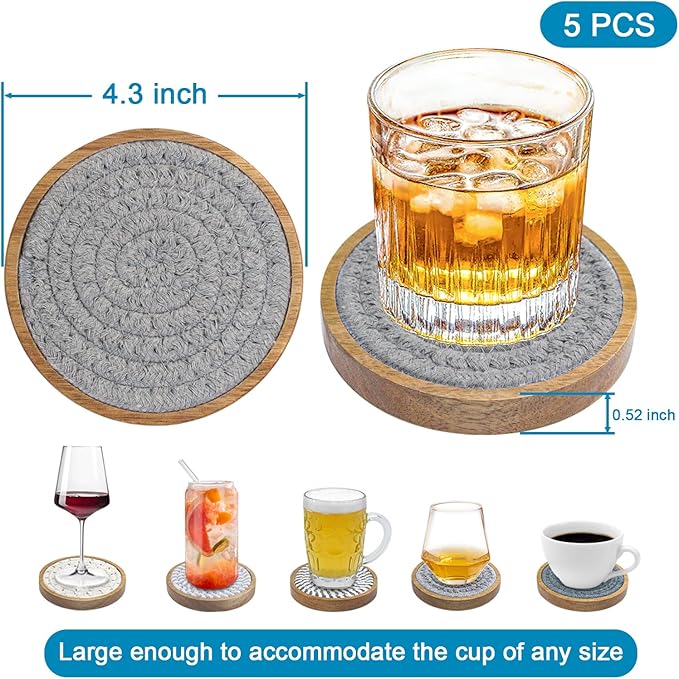 Eykao 5 Pack Coasters for Drinks Absorbent, 4.3 inches Cork Coasters for Coffee - Image 6