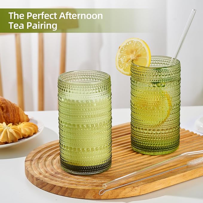 16oz Hobnail Drinking Glasses Set of 12, Vintage Large Capacity Embossed Green - Image 7