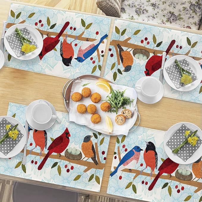 Seliem Spring Summer Birds Placemats Set of 4, Cardinal Bluebird Bullfinch | - Image 6