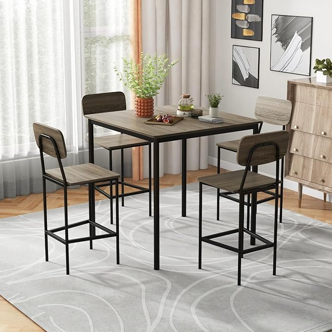 Giantex 5-Piece Dining Table Set W/Counter Height Table & 4 Bar Stools, Modern Kitchen Dining Set W/Footrest & Backrest, Space-Saving Dinette Set for Pub, Dining Room, Restaurant (Black Oak)