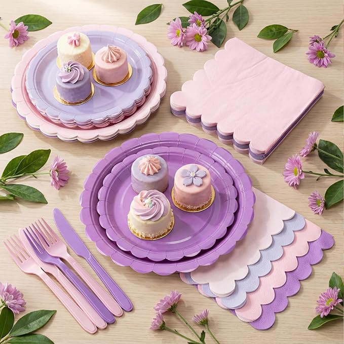 110 Pcs Pink Purple Plates and Napkins Tableware Set Serve 25 Guests Includes - Image 7