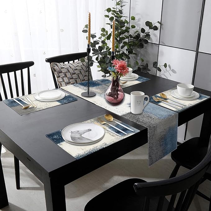 Table Runner and Placemats Set of 6, Abstract Farmhouse | Painting Blue Grey - Image 8
