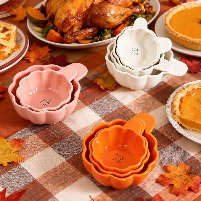 Pumpkin Ceramic Measuring Cups, 4-Piece Set, ⅓ & ¼ Cup Sizes, Baking & Cooking - Image 7