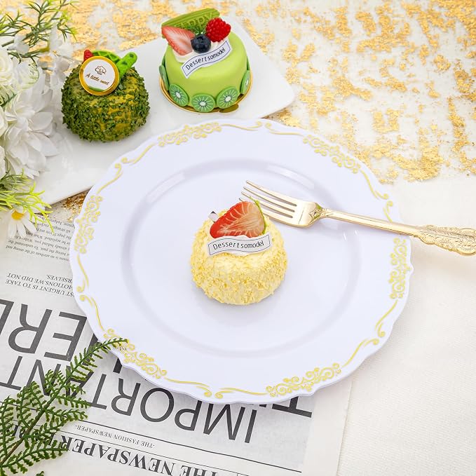 DaYammi 60PCS White and Gold Plastic Plates - Image 9