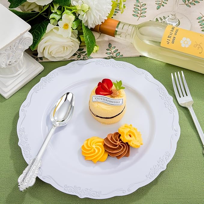 DaYammi 60PCS White and Silver Plastic Plates, Heavy Duty White and Silver - Image 9