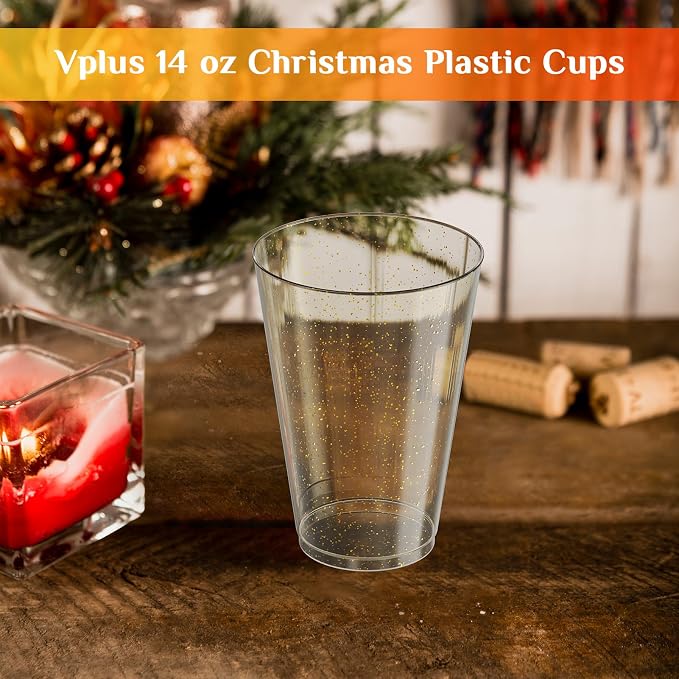 Vplus 100 Pack 14 OZ Gold Glitter Disposable Plastic Cups Glasses - Image 8