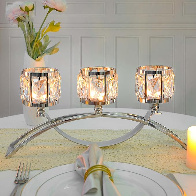 3 Arms Crystal Candle Holders, Arch Candlestick Table Candelabras Centerpieces for Wedding, Dinning Room, Cabinet Ornaments, Home Decoration, Gift (Silver, 2 Pcs-3 Arm Arched)