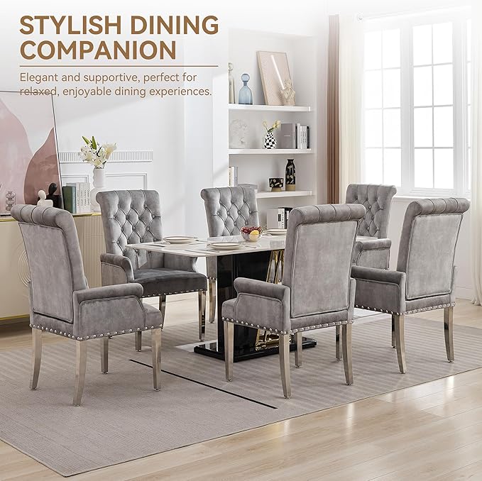 Velvet Dining Chair with Arms, Upholstered Tufted High Back Dining Room Chairs, Accent Armchair with Chrome Leg and Nailhead Trim, Kitchen Dining Living Room, Grey