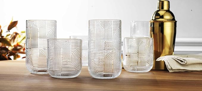 Highball Glasses Set of 8, 14 oz Embossed Drinking Glasses, Vintage Art Deco - Image 7