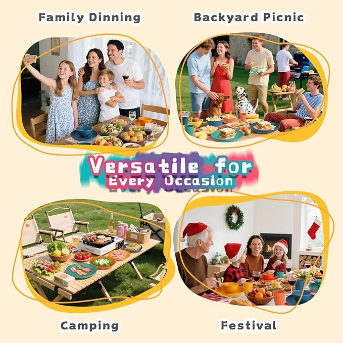 Wheat Straw Dinnerware Sets, Unbreakable Plates and Bowls Sets of 16, Kids - Image 9