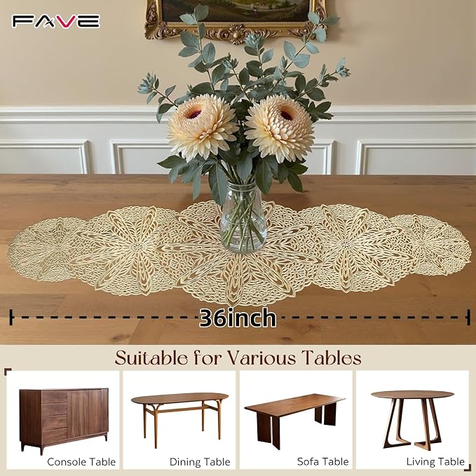 FAVE Gold Small Table Runner 36 Inch Dresser Vinyl Runner | Heat Resistant - Image 9
