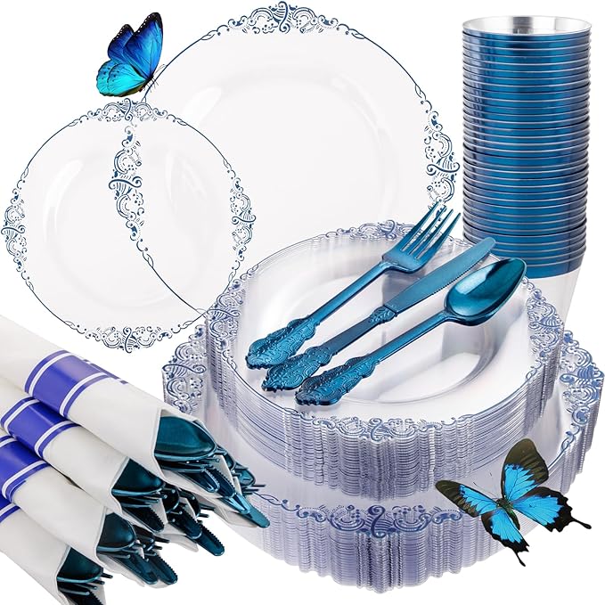 175 Pcs Clear Blue Plates for Graduation | Blue Party Plates Set for 25 Guests - Image 9