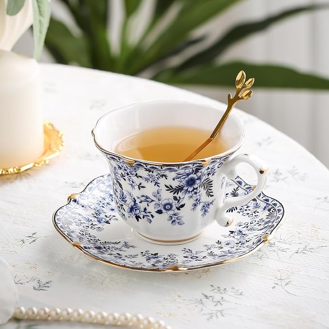 TATSUMI Country Roses Bone China Tea Cup and Saucer Set, 6 Pieces, Vintage Style - Image 5