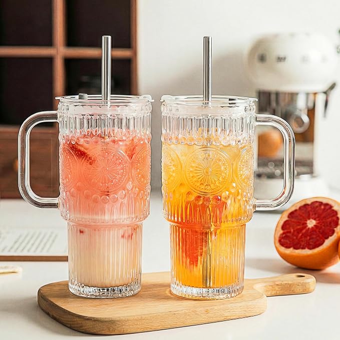 Thick Romantic Glass Cups with Lids and Straws, Vintage Leak Proof Retro Glass - Image 7