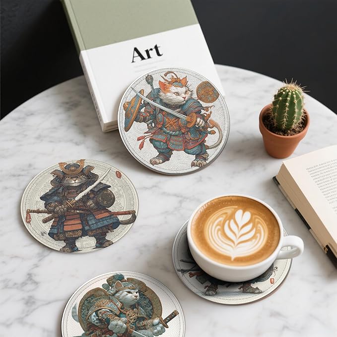 Japanese Cat Coasters Leather Round Drink Coasters 6 Pcs Set - Image 6