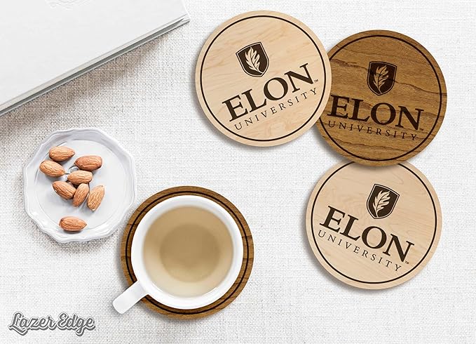 LazerEdge Elon University Phoenixes Wooden Coaster Set - Cherry Wood - Officially Licensed Product - 4-Pack