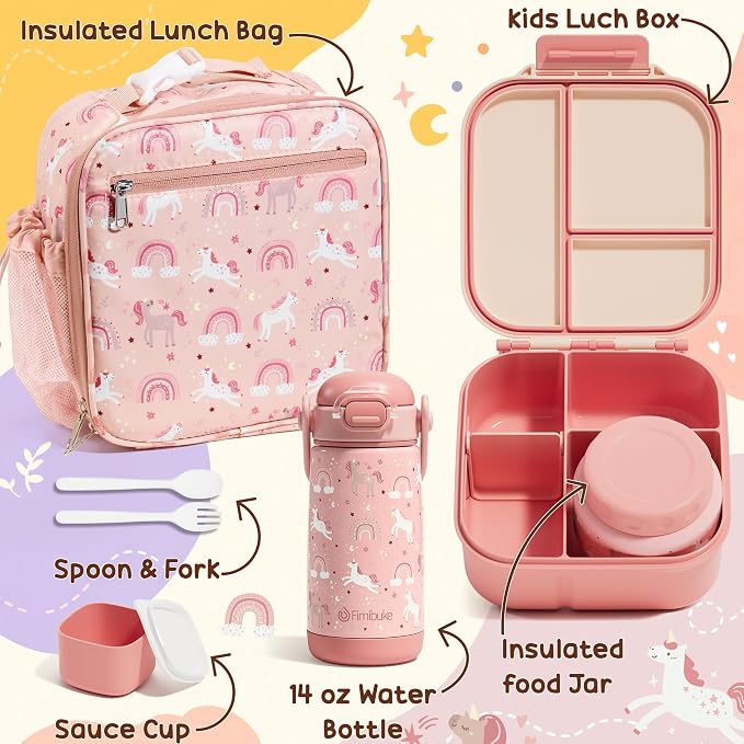 Fimibuke Kids Bento Lunch Box w/Insulated Water Bottle, Lunch Bag & Thermo | - Image 9