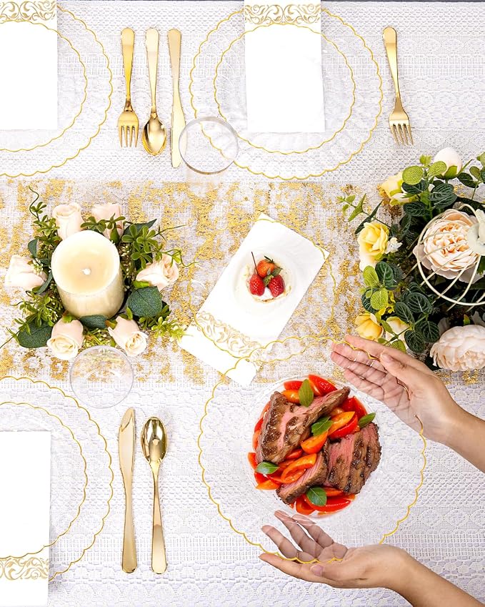 YOUBET 175PCS Clear and Gold Scalloped Plastic Plates - Image 9