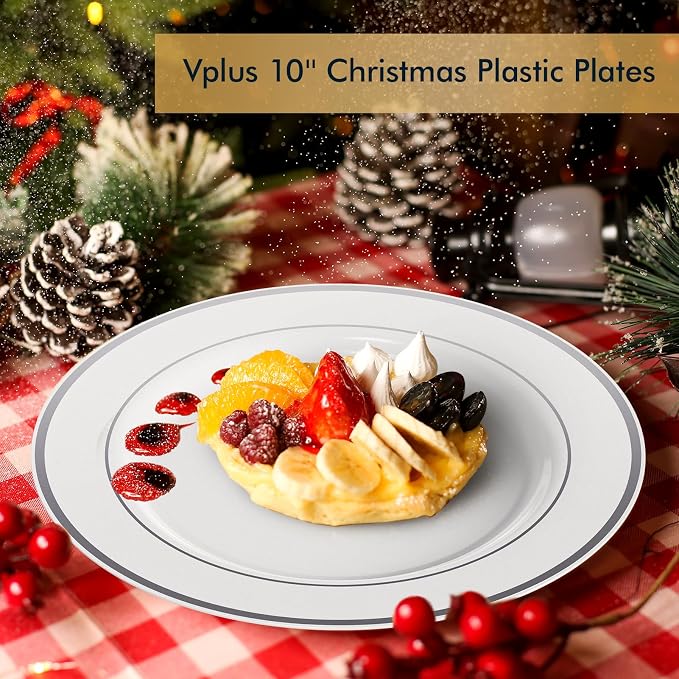 Vplus 100 Pack 10in Silver Rimmed White Disposable Plastic Plates - Image 8
