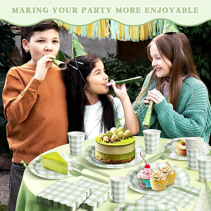 Vyntra 350 Pcs Sage Green Gingham Paper Plates and Napkins Set - Image 7